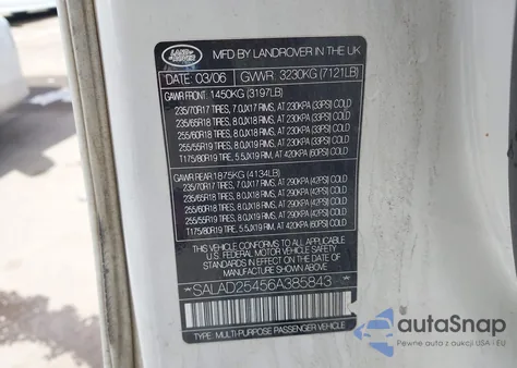 2006 Land Rover Lr3 V8 Se z USA, uszkodzony, nr VIN SALAD25456A385843